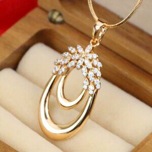 "Rose Gold Double Loop Pendant with Sparkling Leaf Accent Design, XPPT1247
